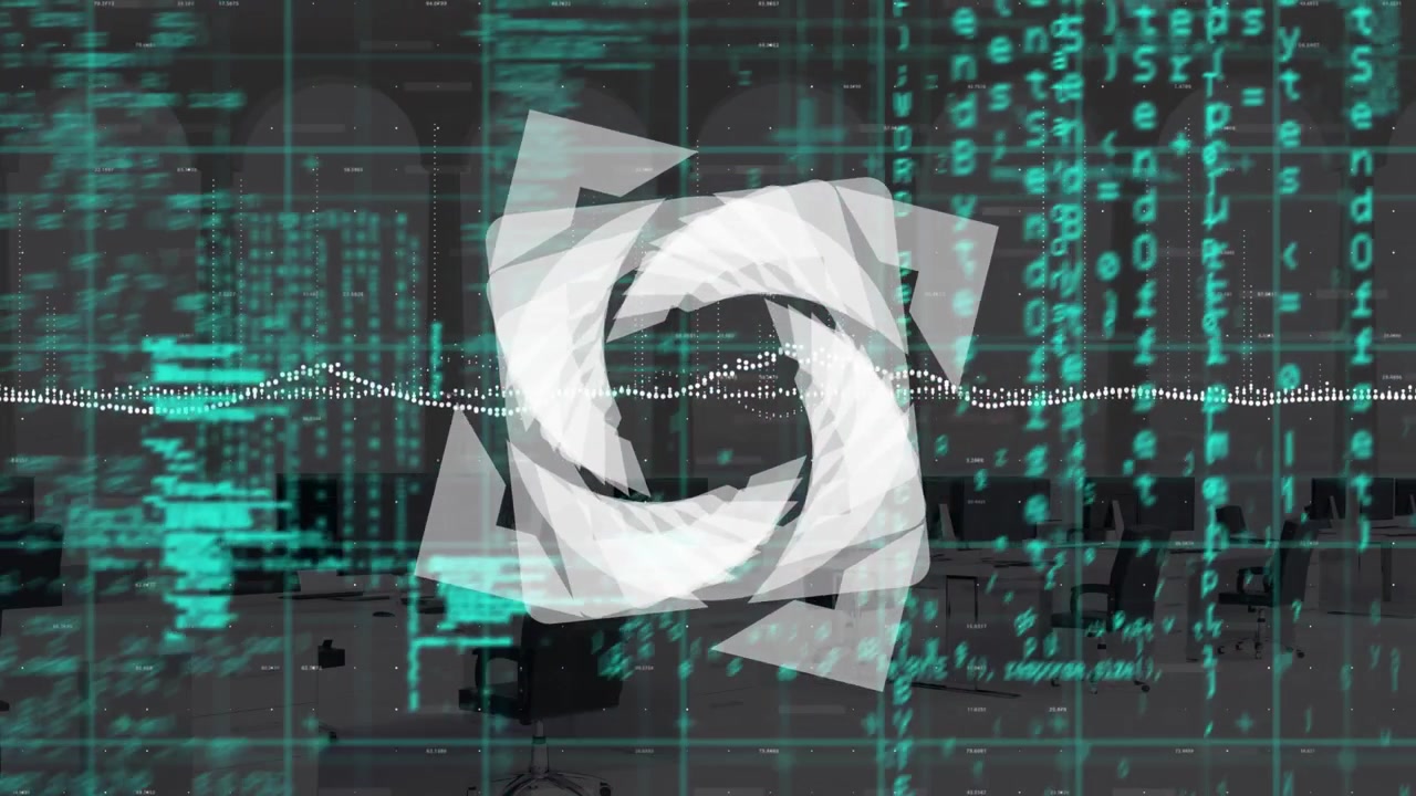Abstract Geometric Shape Rotating Over Digital Code and Office Background