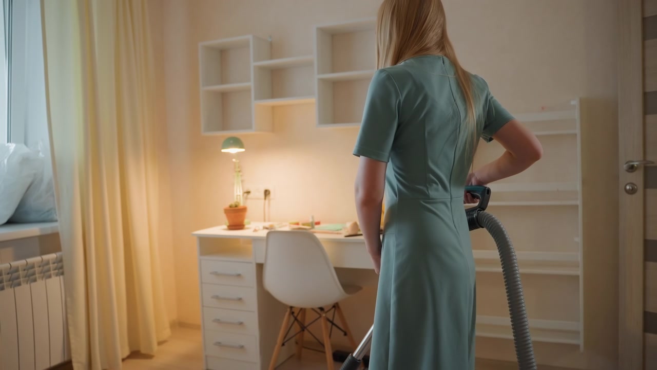 White woman vacuuming house study in warm ambient light braided hair and green dress wooden floor, desk, chair, lamp and drawn curtains canister vacuum pushed over parquet during evening cleaning