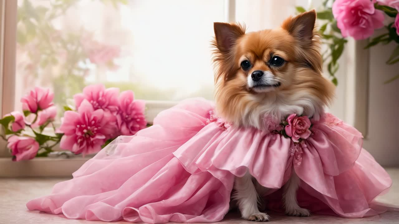 un pequeño perro con un vestido rosa sentado en el suelo