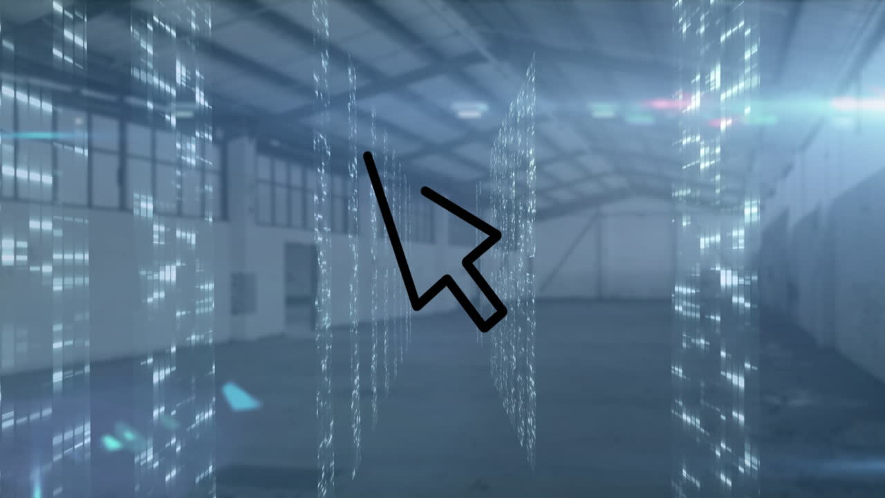 Animation of arrow cursor icon over multiple screens of mosaic squares against empty warehouse