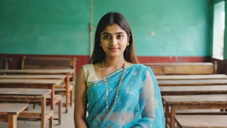 portrait of a young indian teacher wearing a traditional blue sari, standing in a classroom with wooden desks, representing education and cultural heritage