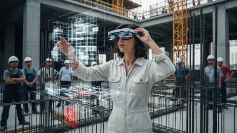 innovative engineer utilizing augmented reality at construction site to oversee project progress with team of professionals collaborating on modern techniques and technology