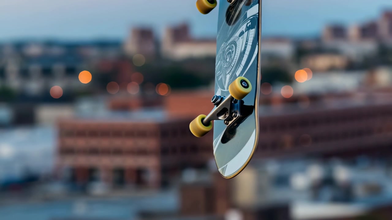 Skateboard held vertically and slightly rotated to reveal underside deck graphic, polished metal trucks, exposed bolts, layered wood edge, and yellow polyurethane wheels against blurred rooftop