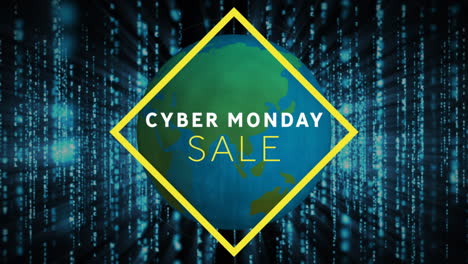 cyber monday text banner against spinning globe and blue light trails on black background