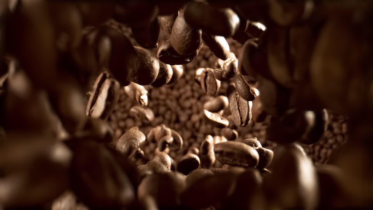 커피 씨과 향기로운 커피 콩을 슈퍼 스로우 모션 카메라로 촬영한 사진입니다.