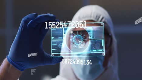 animación de números y procesamiento de datos de covid 19 sobre un médico con máscara facial y traje de protección personal