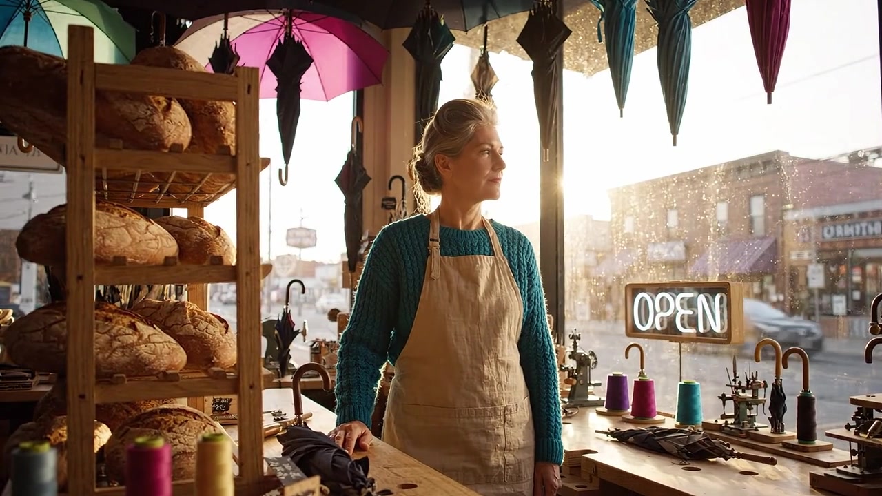 A Thoughtful Artisan in a Cozy Bakery Surrounded by Fresh Bread and Colorful Umbrellas, Captured in Soft Morning Light with an Open Sign