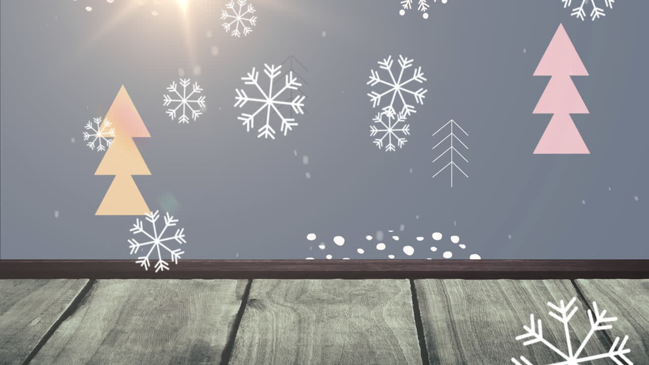animación de copos de nieve cayendo sobre árboles de navidad y patrón con superficie de madera