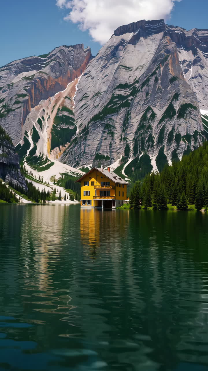 Casa gialla riflessa in un sereno lago alpino