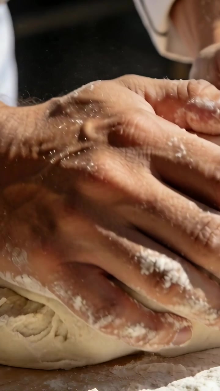 Video verticale: Mani dello chef che entrano, premono e piegano l'impasto infarinato su un tagliere di legno per la modellatura.