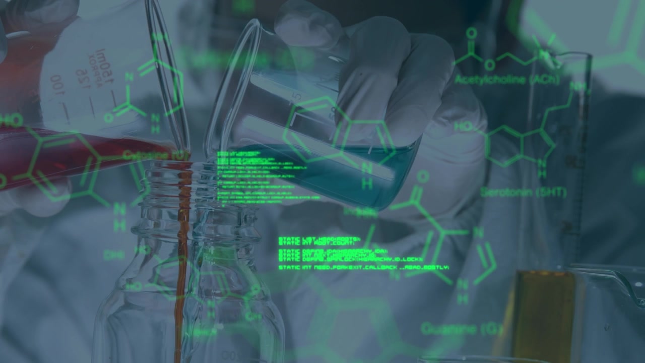 Animation of scientific data over hands of lab worker pouring liquids into glass