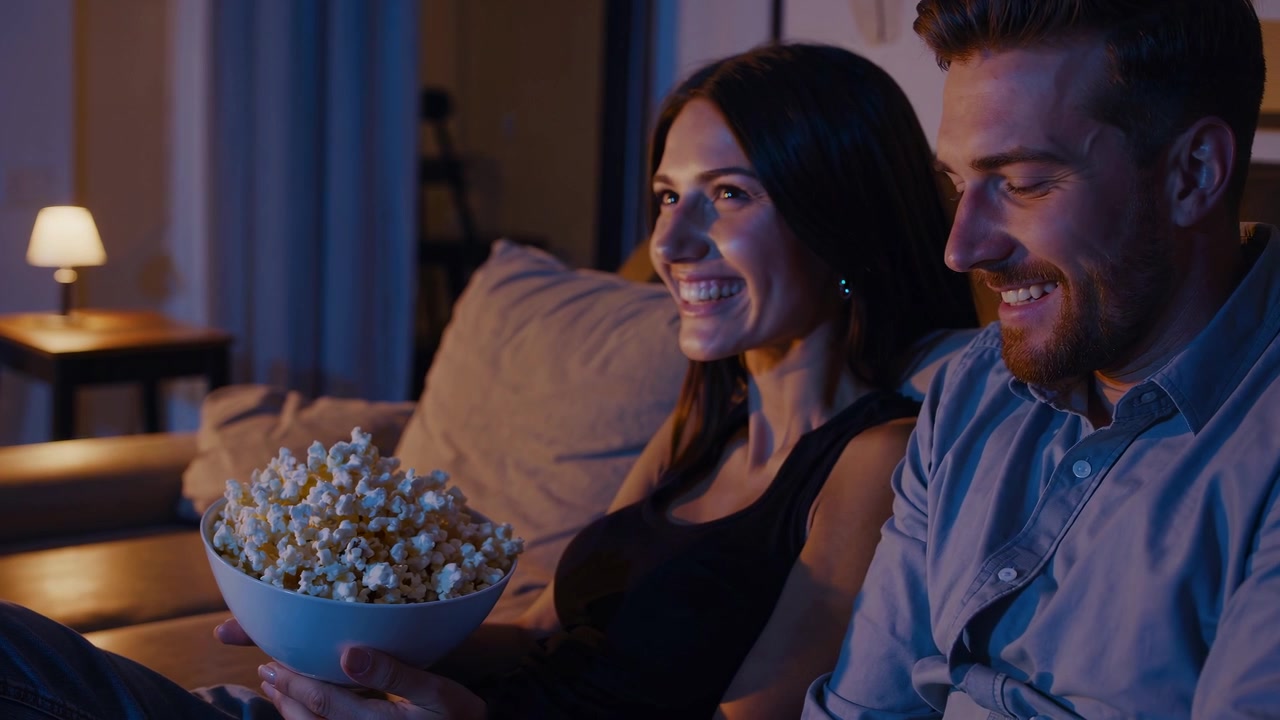 Pareja feliz viendo televisión y disfrutando palomitas de maíz en el sofá por la noche