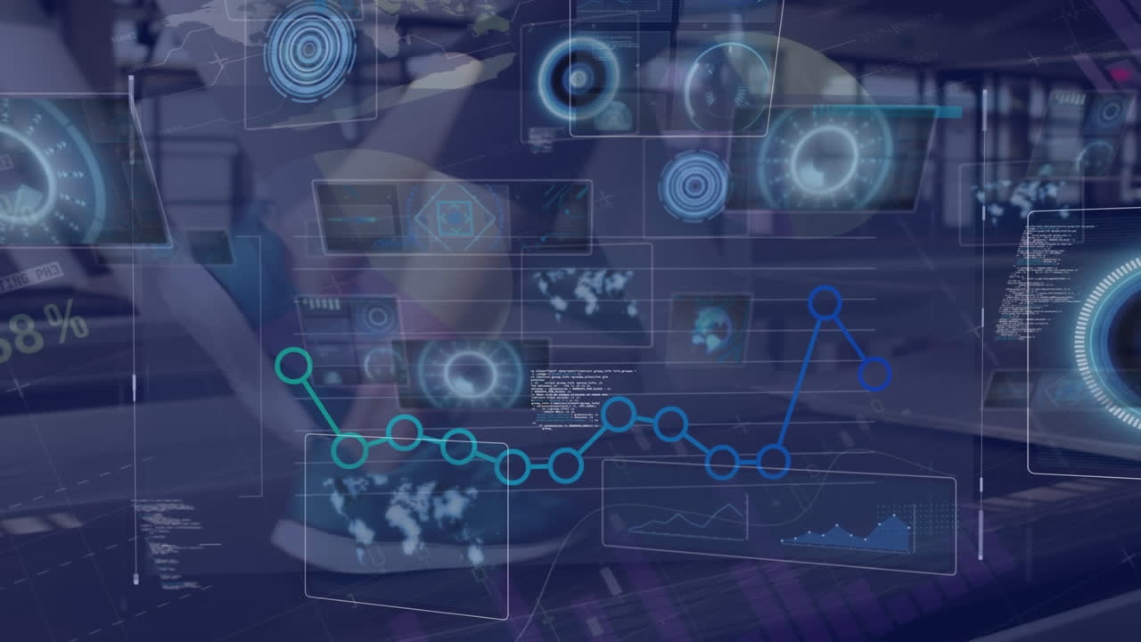 animación del procesamiento de datos sobre una mujer corriendo en una cinta de correr, haciendo ejercicio en el gimnasio