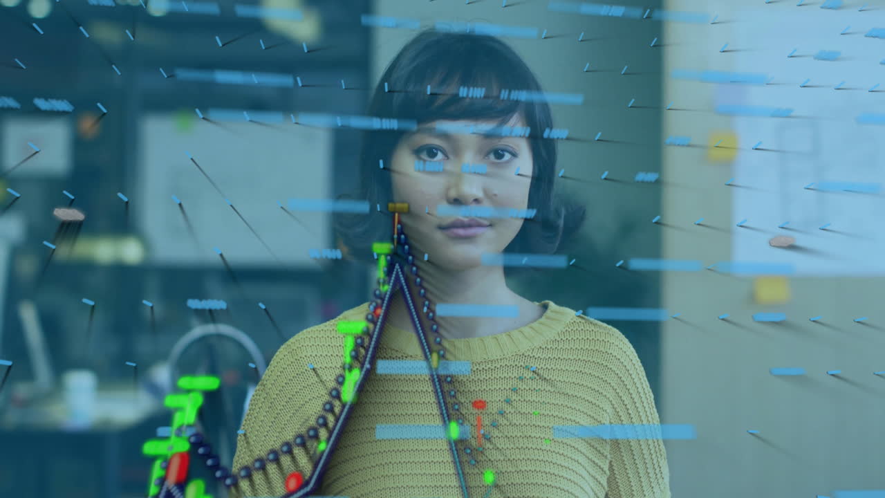 Data visualization animation over woman in yellow sweater looking forward