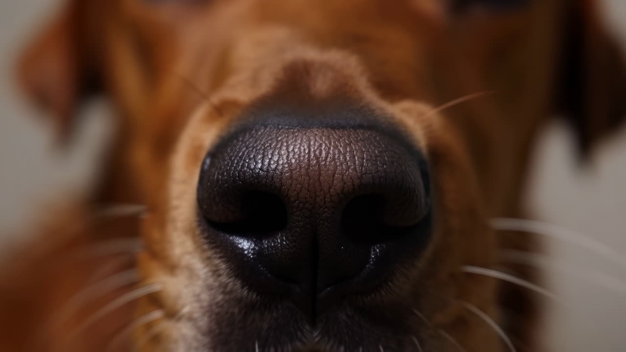 Kamerayı koklayan kahverengi köpeğin burnu yakın çekim. Parlak ıslak burun deliği ve ince bıyık detayları. İç mekan stüdyo portresi.