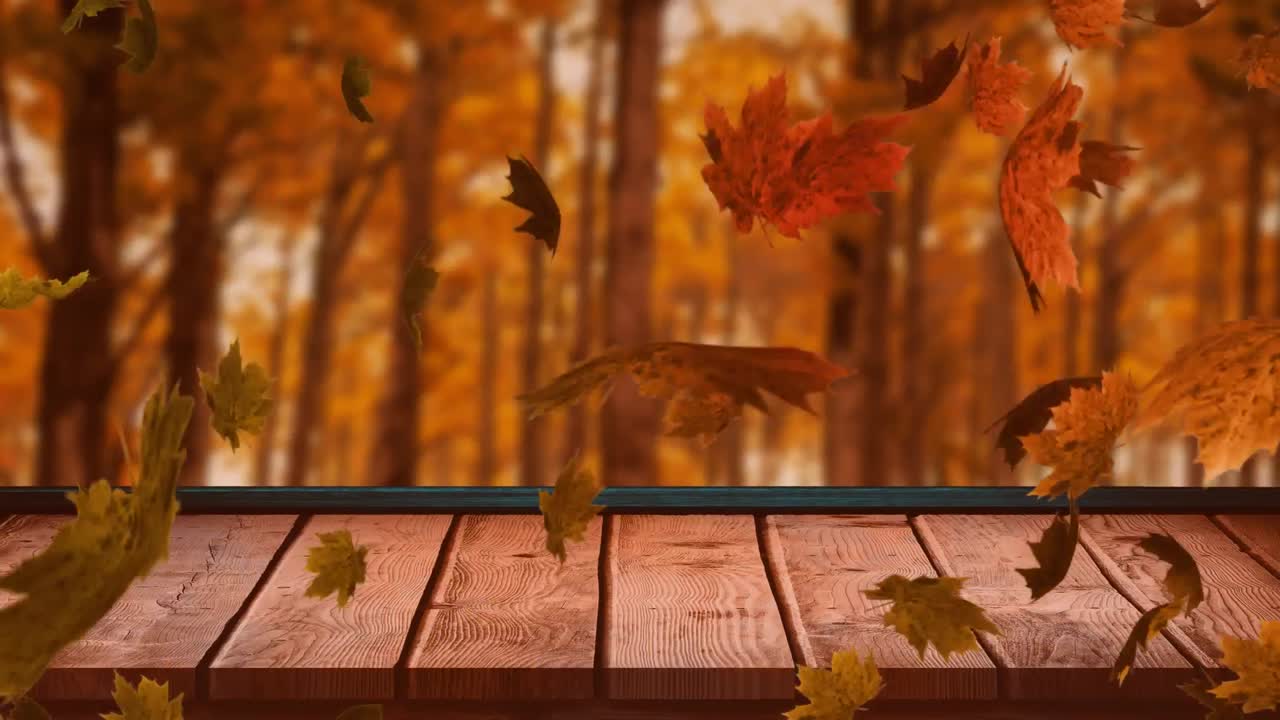 Animazione di foglie autunnali che fluttuano su una tavola di legno, con alberi nel parco sullo sfondo e spazio per il testo.