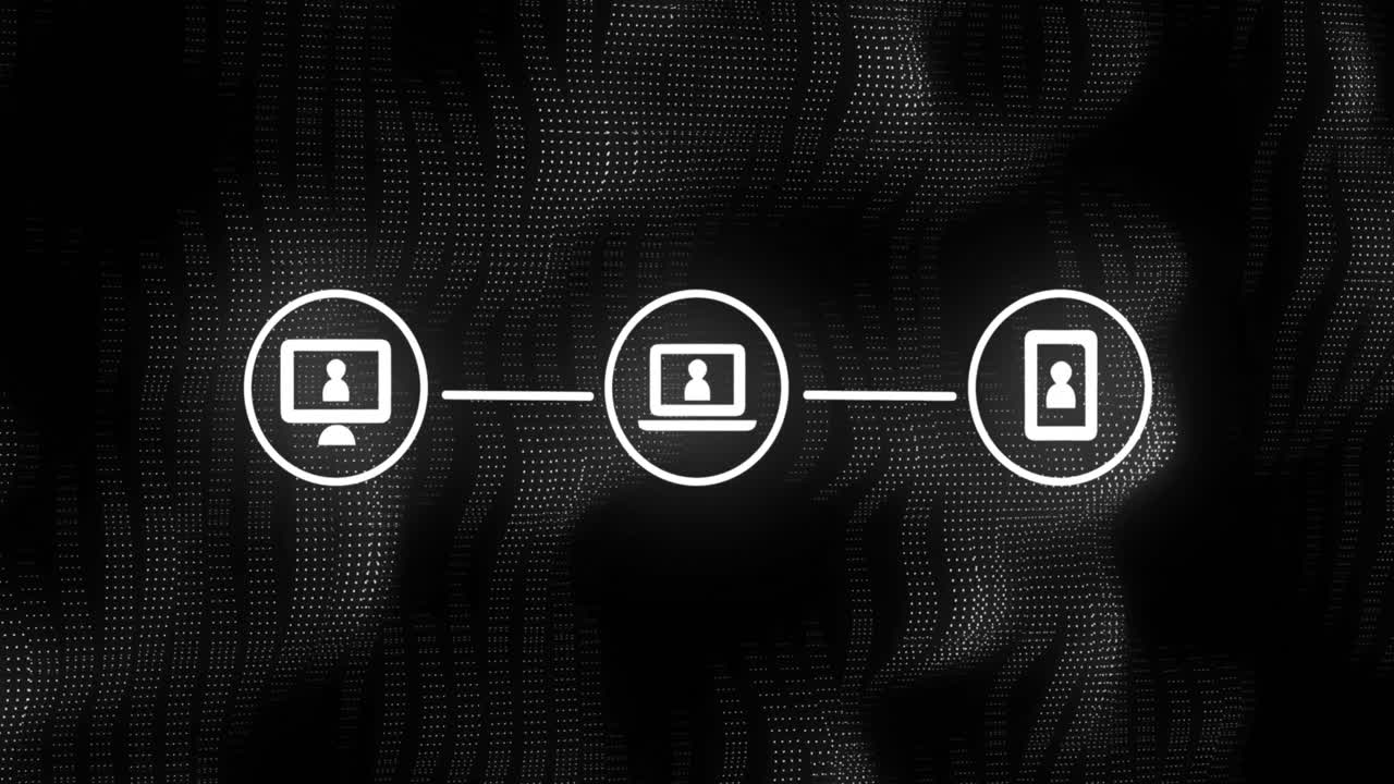 animación de tres iconos de interfaz de computadora digital blancos en un fondo negro de malla
