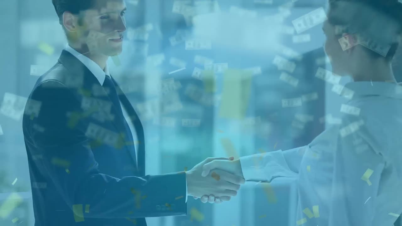 Animazione di denaro che cade su diversi professionisti che si stringono la mano