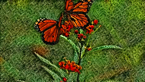 artistic spiraliform green and red color animation of butterflies flying over plant