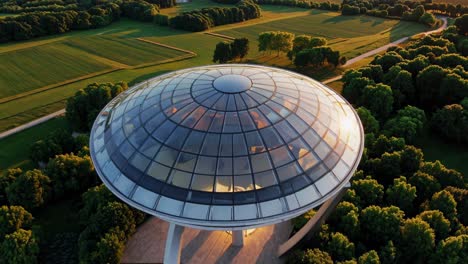 aerial view captures a futuristic saucer shaped building with a glass dome roof, reflecting the warm glow of the setting sun, showcasing innovative architecture amidst a green landscape