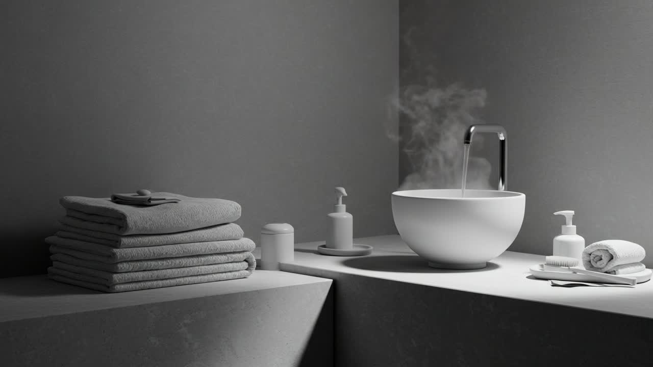 Serene Minimalist Bathroom Scene with Flowing Water and Soft Textiles, Creating a Calming Ambiance and Aesthetic Focus on Simplicity and Tranquility