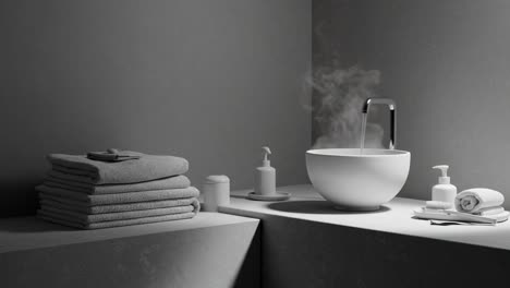 serene minimalist bathroom scene with flowing water and soft textiles, creating a calming ambiance and aesthetic focus on simplicity and tranquility