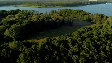 Large-island-in-the-middle-of-a-lake-covered-in-trees-and-grass-in-Brandenburg,-Germany