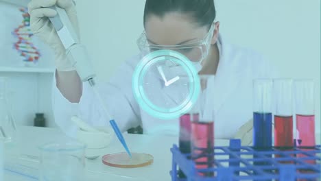 Animation-of-moving-clock-over-caucasian-female-scientist