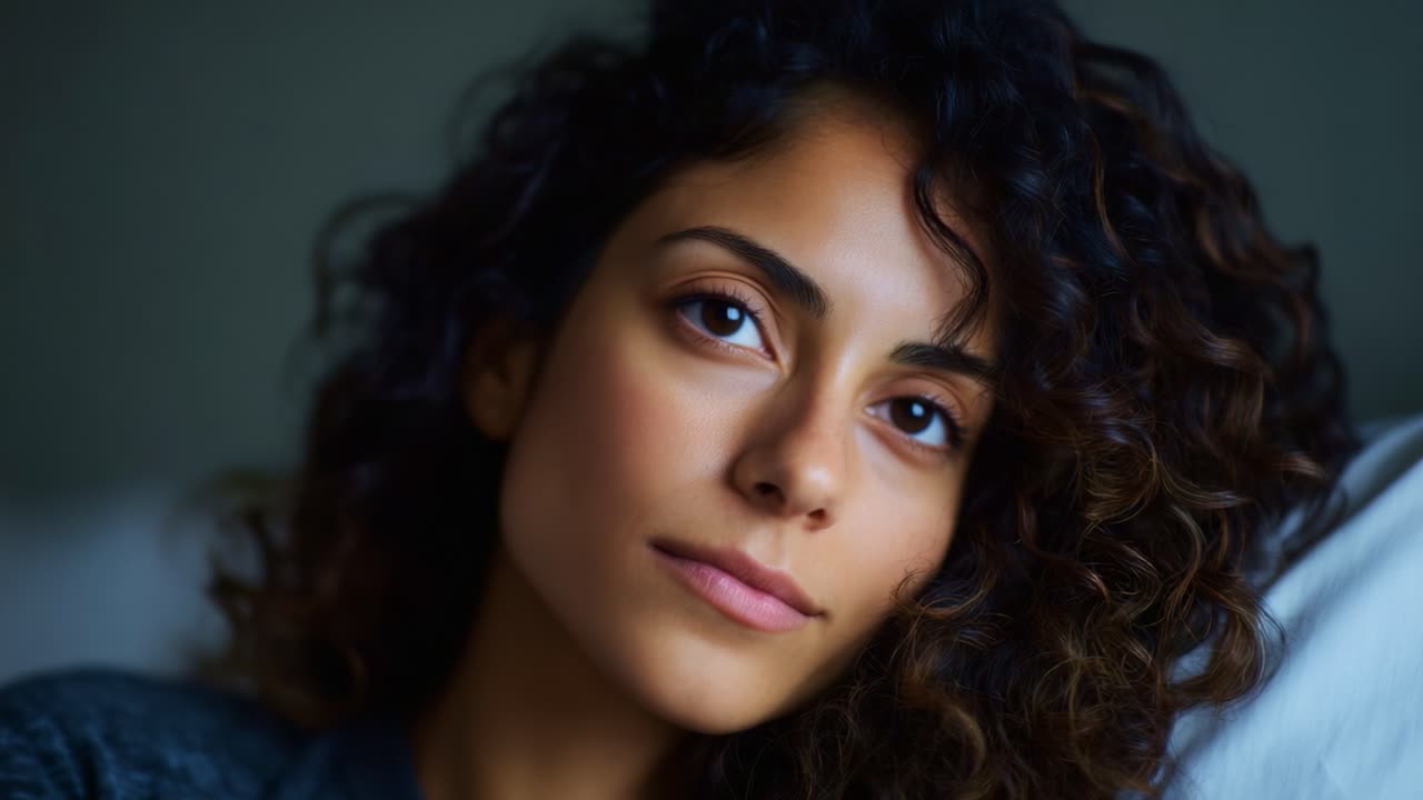 Un momento di serenità: cattura della tranquillità di una giovane donna che passa dal sonno alla veglia con splendidi capelli ricci e un'espressione serena