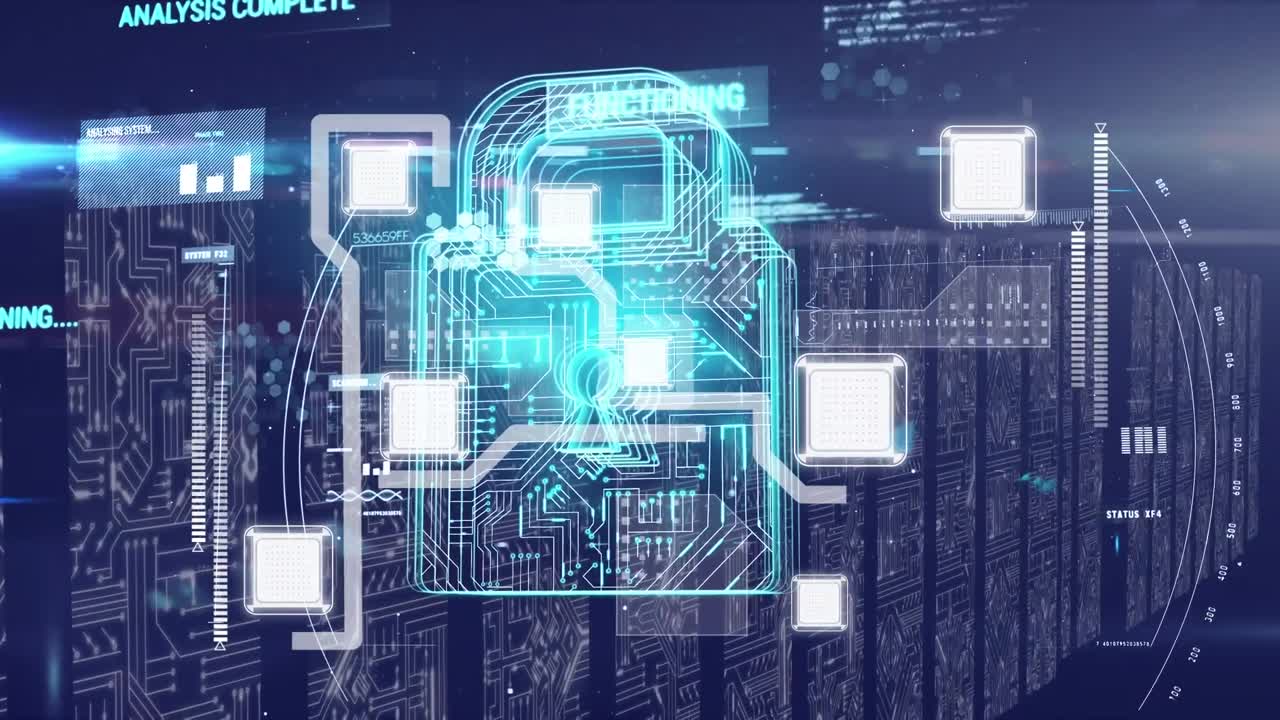 Animation of data processing and digital padlock with integrated circuit in navy space
