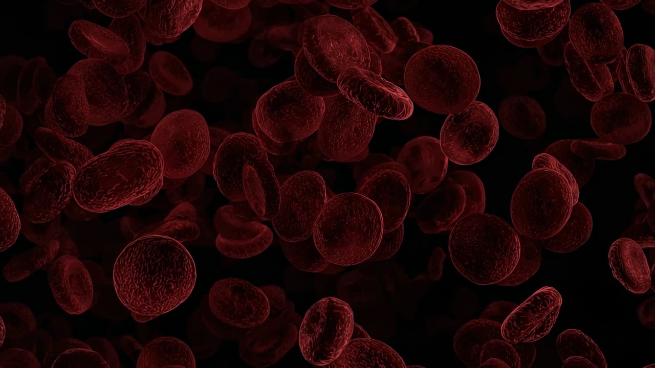 Drifting red blood cells entering dark vessel void, swirling cells showing continuous circulation
