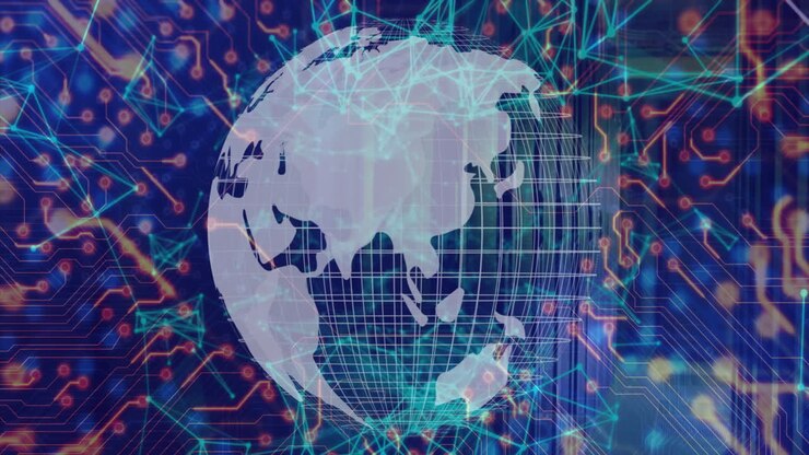 Globo digitale con connessioni di rete che elaborano dati in visualizzazione animata.