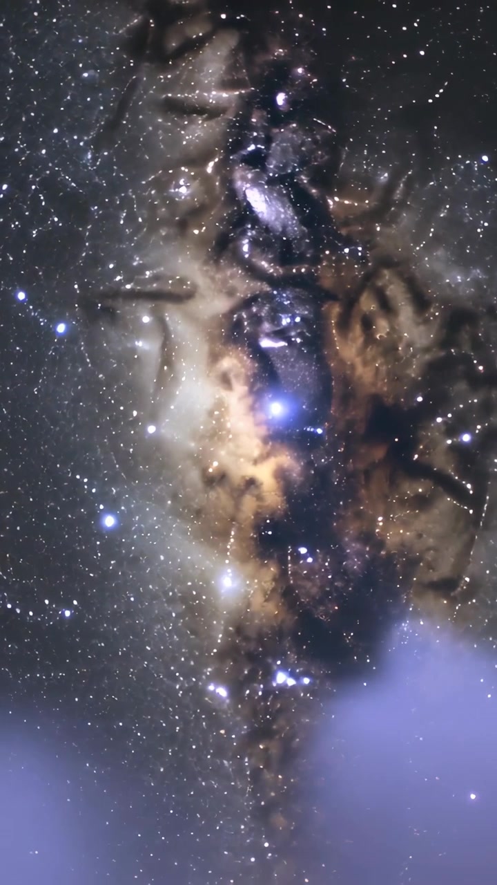 Vertical video: Panning camera showing nebula band rising at night with blue-white star and low fog
