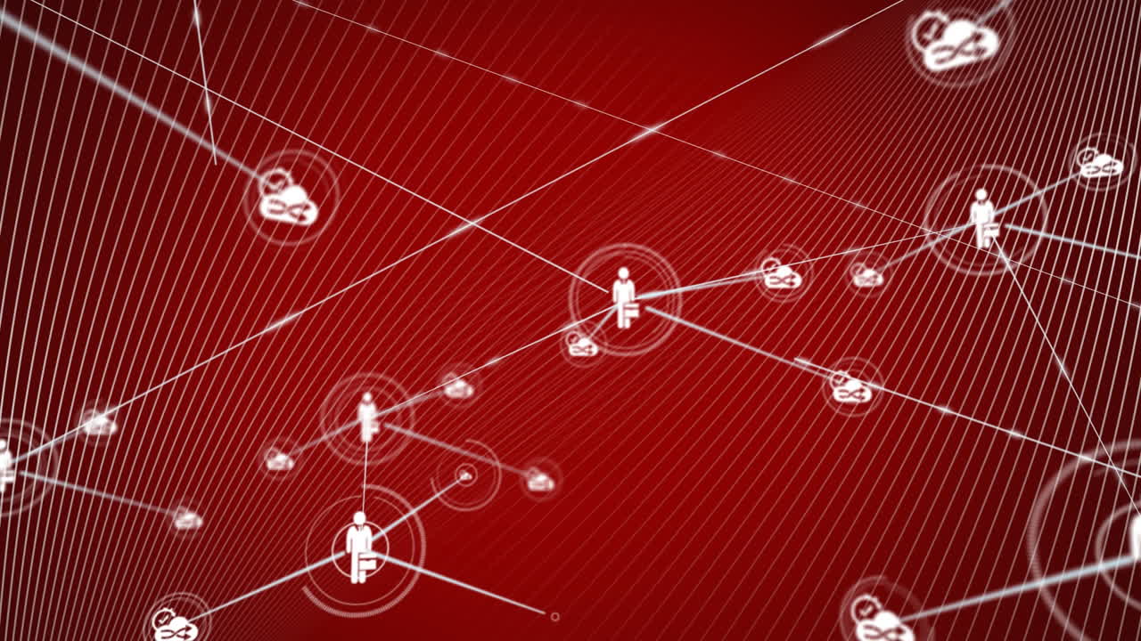 연결된 사람들의 네트워크와 클라우드 아이콘과 빨간색에  ⁇ 색으로 표시된 정보의 애니메이션