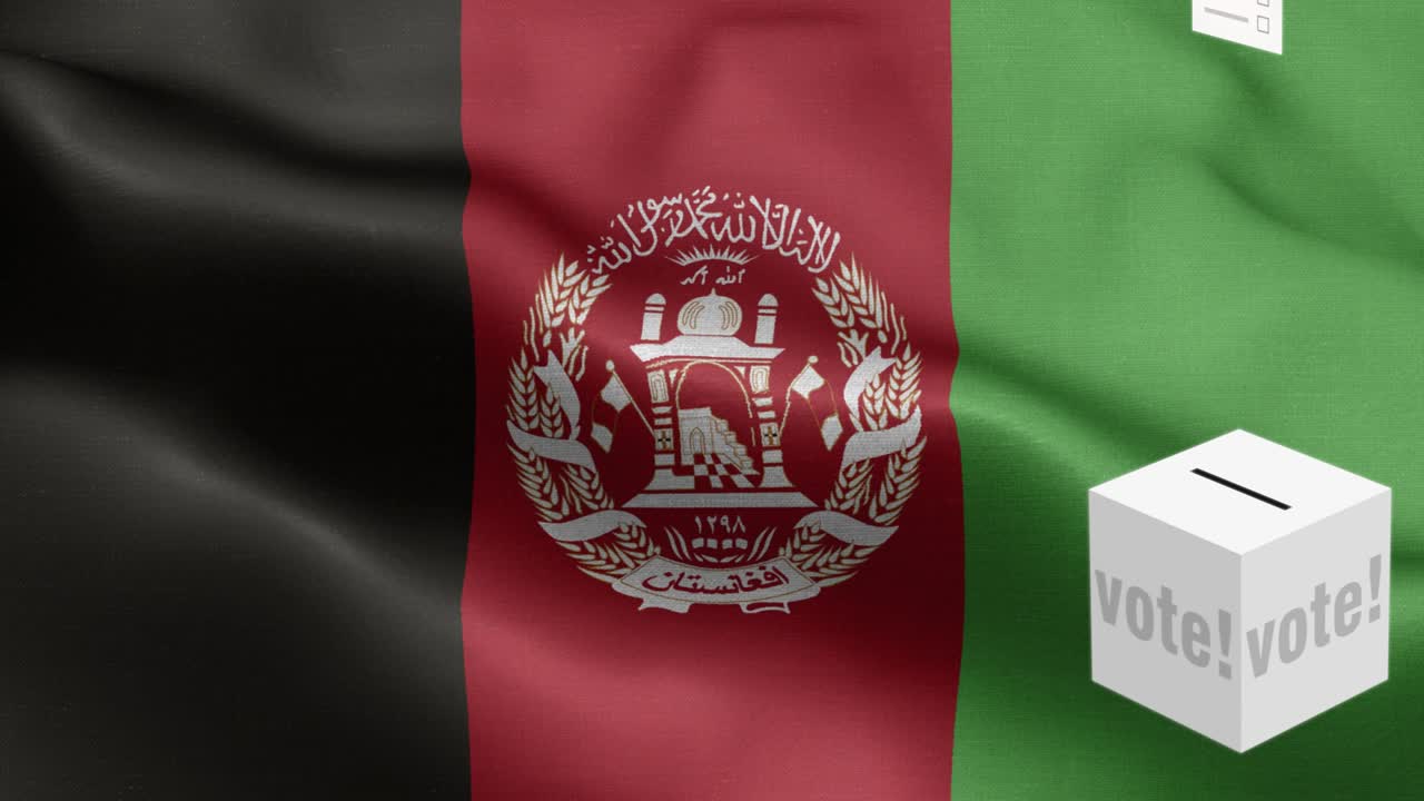 las papeletas de votación vuelan a la caja para la selección de afganistán - caja de votación frente a la bandera - elección - voto - bandera de afganistán - bandera de afganistan con alto detalle - bandera nacional de afganistán patrón de ondas elementos loopables - textura de tela y bucle sin fin