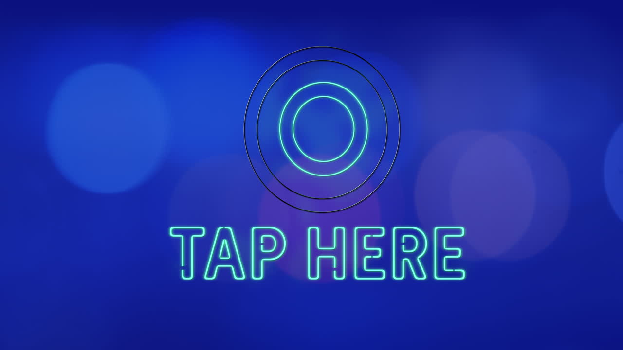 animación de toque aquí texto sobre puntos de luz en fondo azul