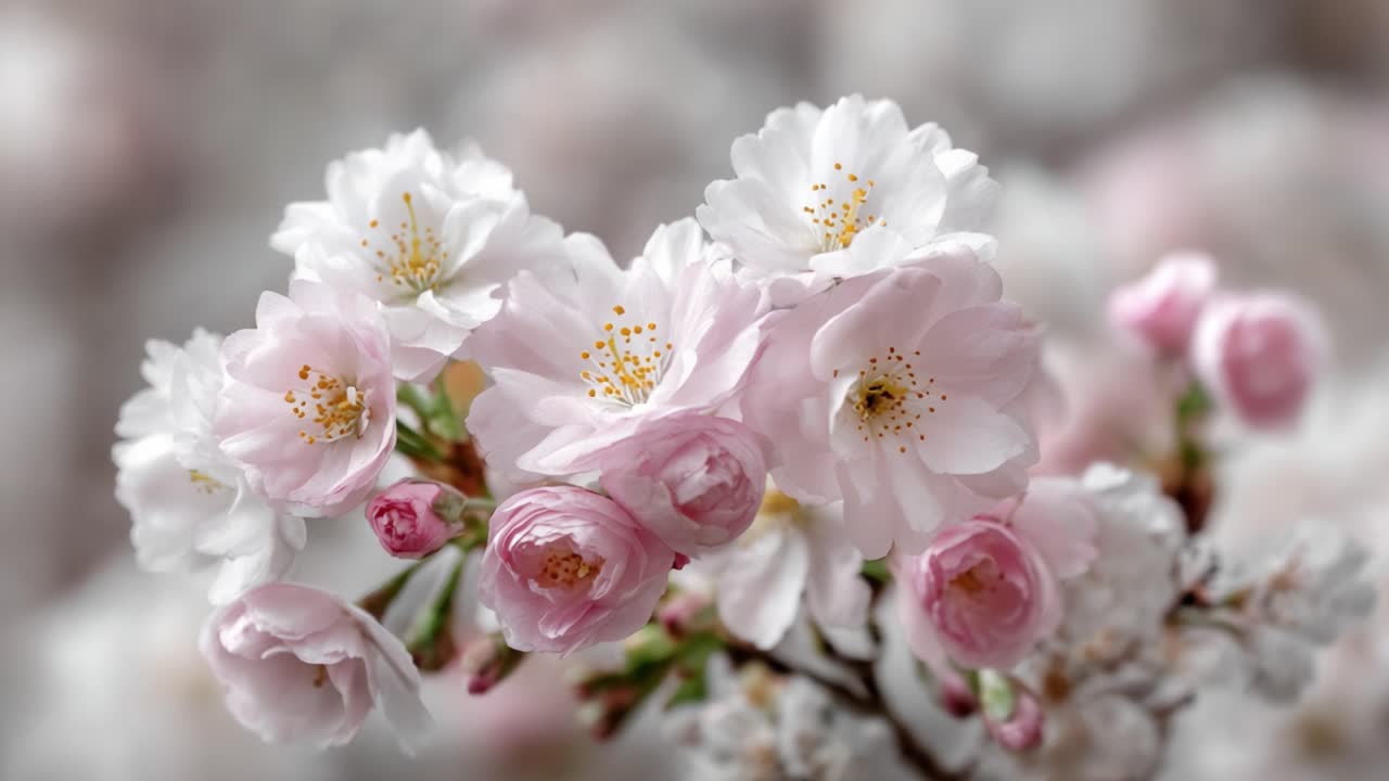 A Beautiful Display of Cherry Blossoms in Full Bloom, Showcasing Delicate Pink and White Petals Against a Soft Background, Symbolizing Renewal and Springtime Grace