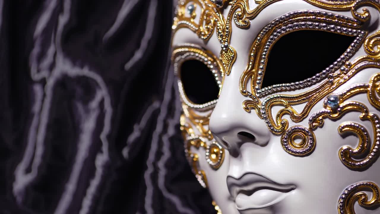 Video ravvicinato di una maschera veneziana ornata con dettagli dorati e piume, ripresa di lato.