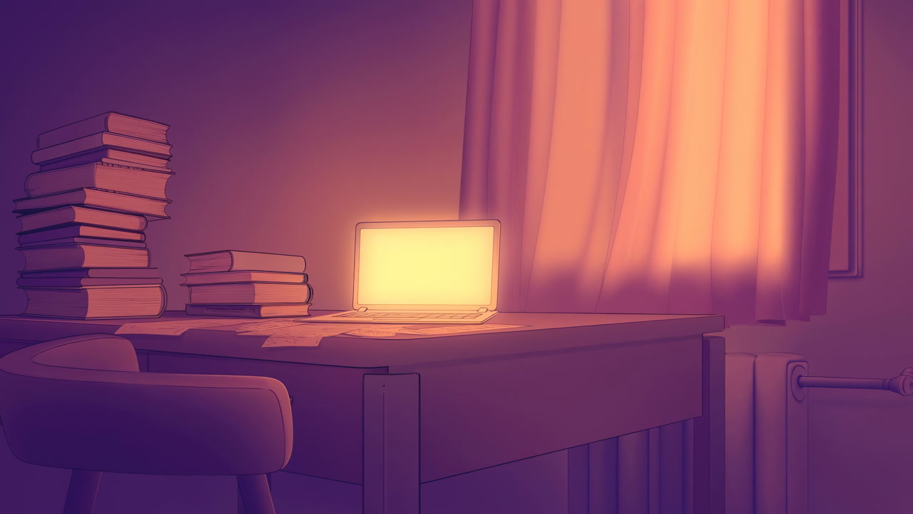 Warm Desk Scene With Glowing Laptop, Stacks Of Books Beside Billowing Curtain, Twilight Orangepurple Glow