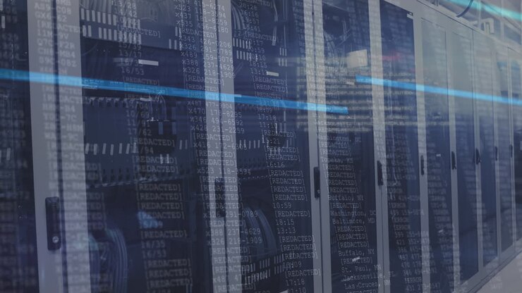 Animation of data processing on screens over tech room with computer servers