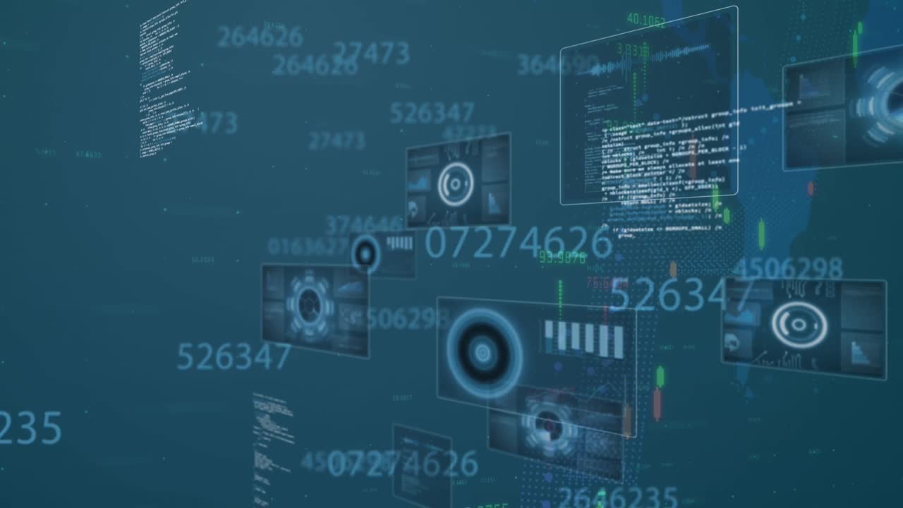 animación del procesamiento de datos y números en pantallas digitales azules