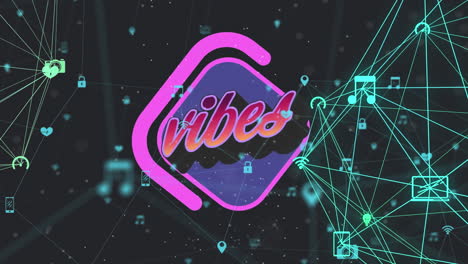 animation of vibes text over purple diamond shape with networks of connections