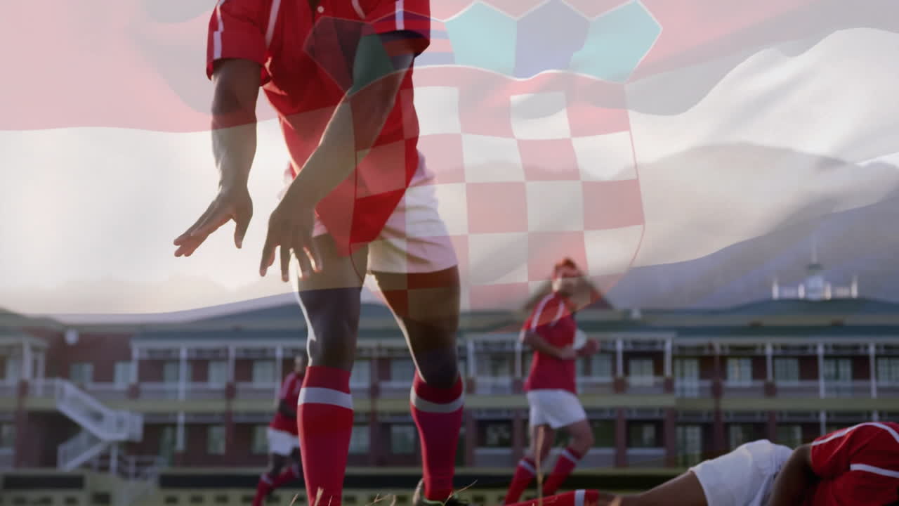 Croatian flag overlaying scene with rugby players in action on field