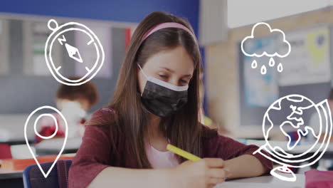 animación de iconos escolares sobre una colegiala caucásica con máscara facial en el aula