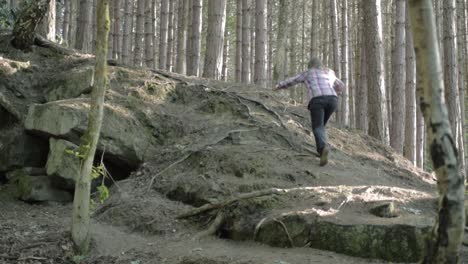 woman climbing hill in pine forest wide shot