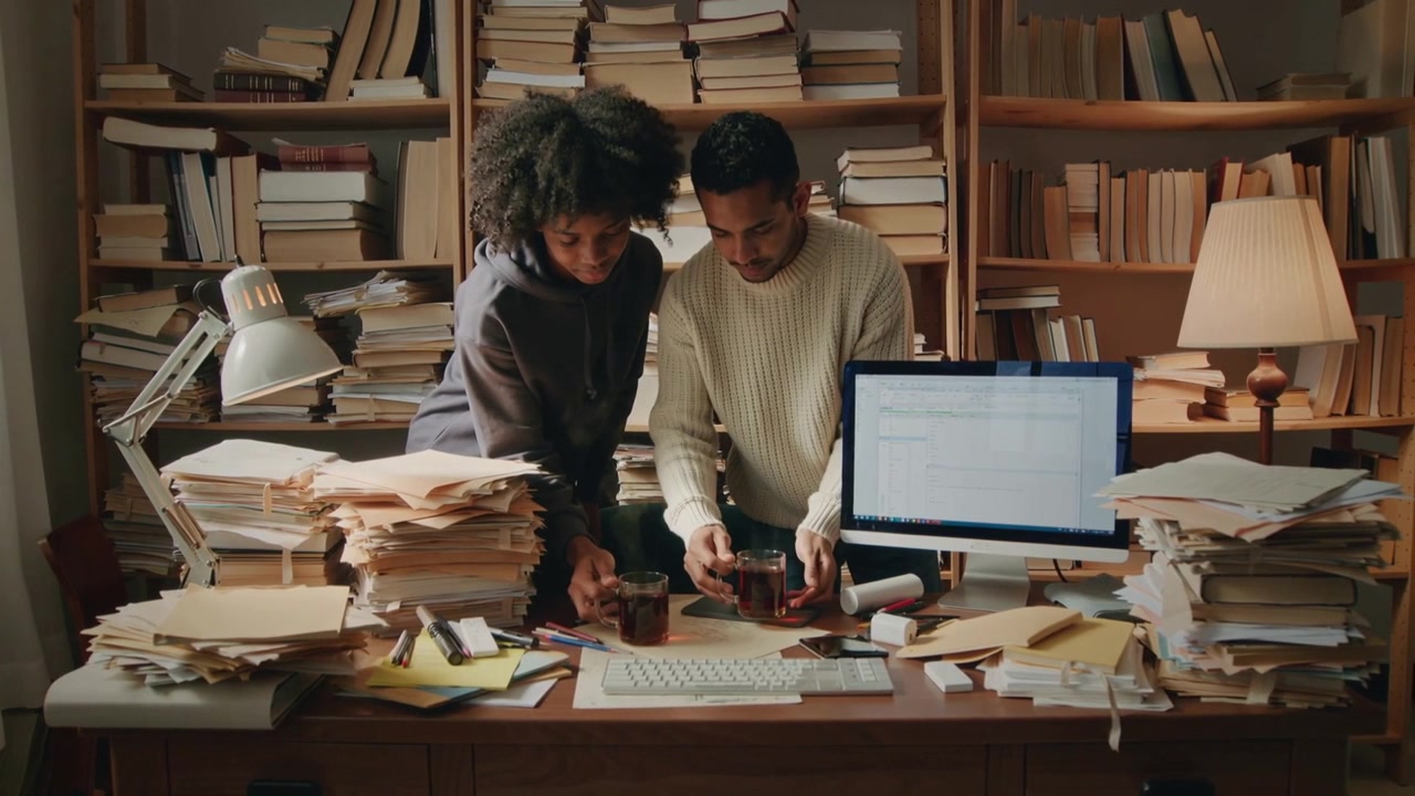 Reaching forward, two colleagues in hoodie and knit sweater placing mugs on study desk for work