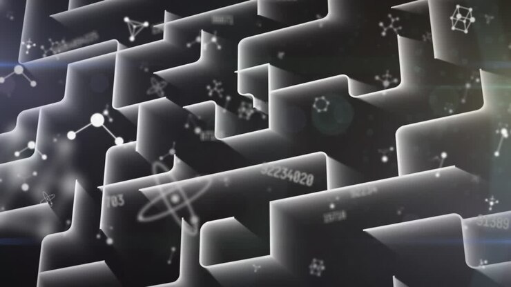 Animation of molecules and data processing over black background