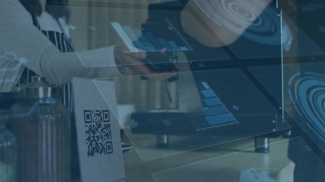 Barista and customer scanning phones under reader, completing coffee payment with animated graphics