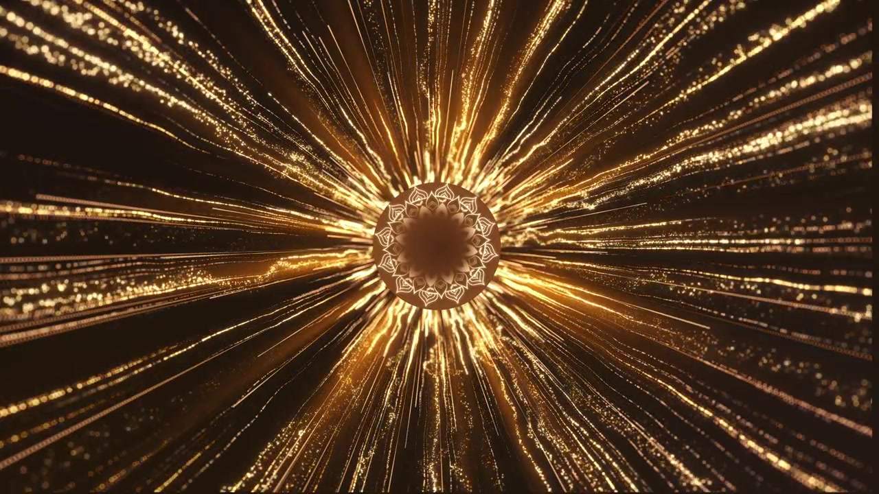 Simbolo Om dorato con energia radiante scie luminose simbolo Om brillante da linee di energia dorate fluenti