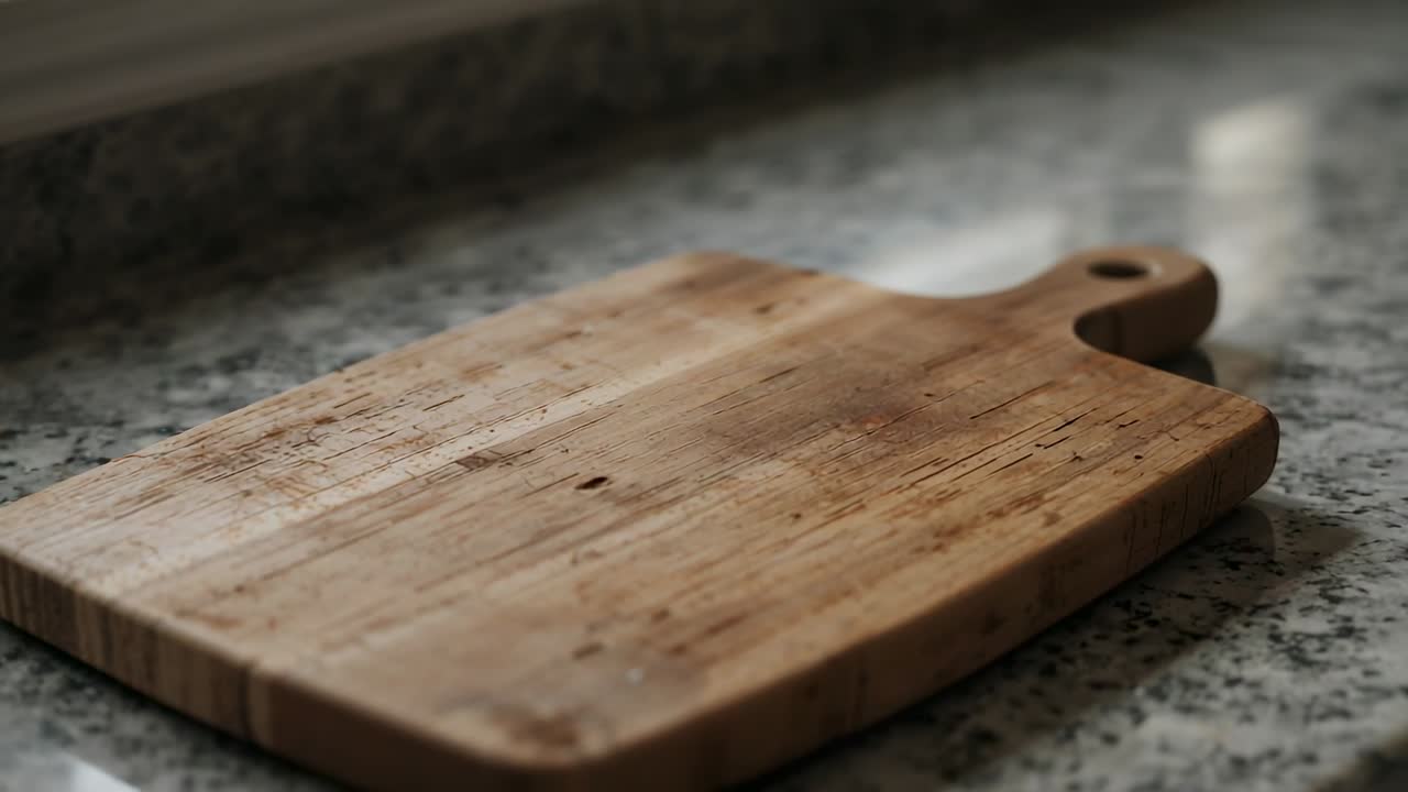 Shot moving closer lowering view showing scored cutting board handle hole aiding kitchen designers
